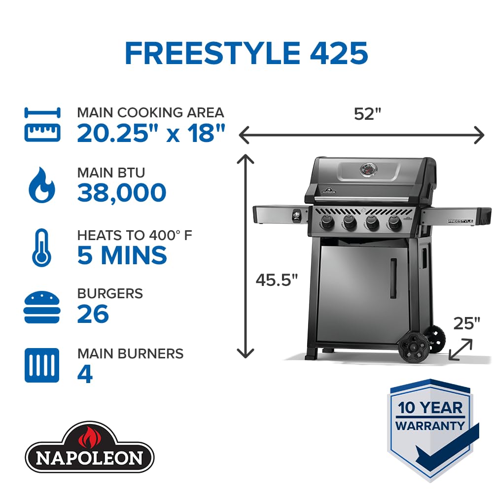 Napoleon Freestyle 425 Propane Gas Outdoor Grill, Graphite Grey – 4-Burner Backyard BBQ for Home Grilling 4 Napoleon Freestyle 425 Propane Gas Outdoor Grill, Graphite Grey – 4-Burner Backyard BBQ for Home Grilling