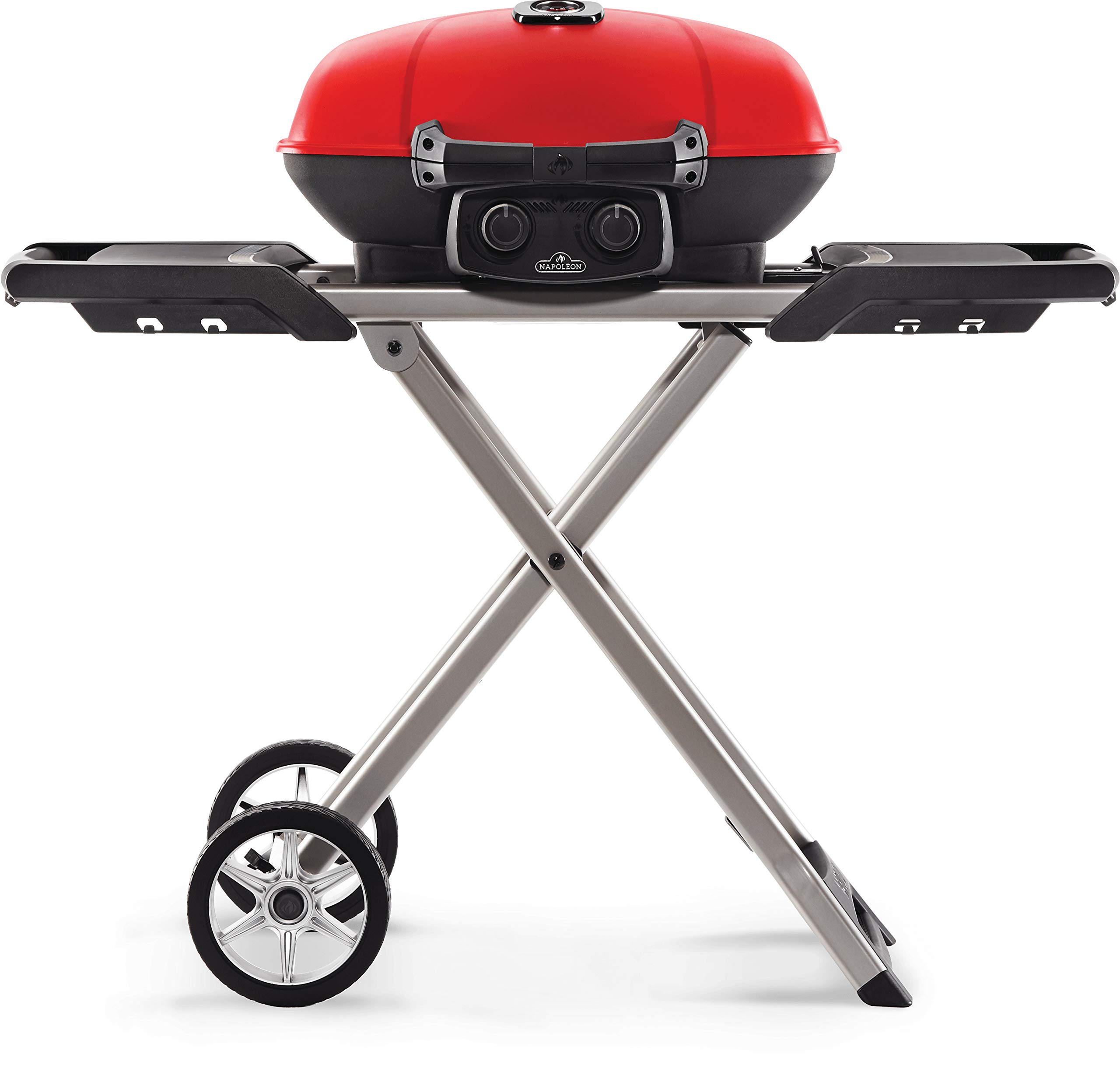 Napoleon TravelQ 285X Portable Propane Gas Grill and Scissor Cart with Griddle, Red, 2 Burners, Tailgating, Camping, and Small Outdoor Spaces