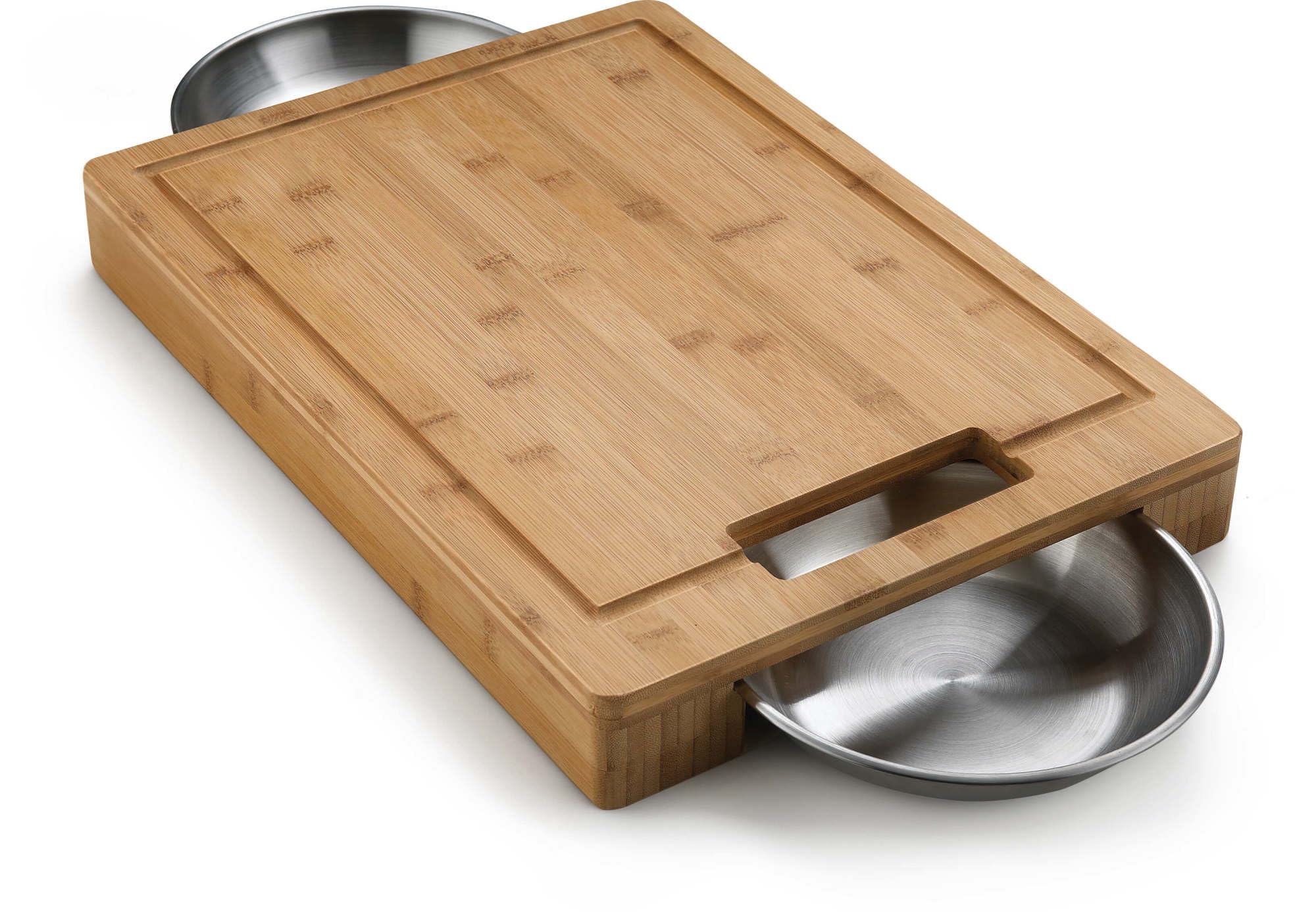 Napoleon PRO Bamboo Cutting Board with Stainless Steel Bowls 70012 Naturally Cutting Board with Two Stainless Steel Bowls, Chopping and Carving Meat