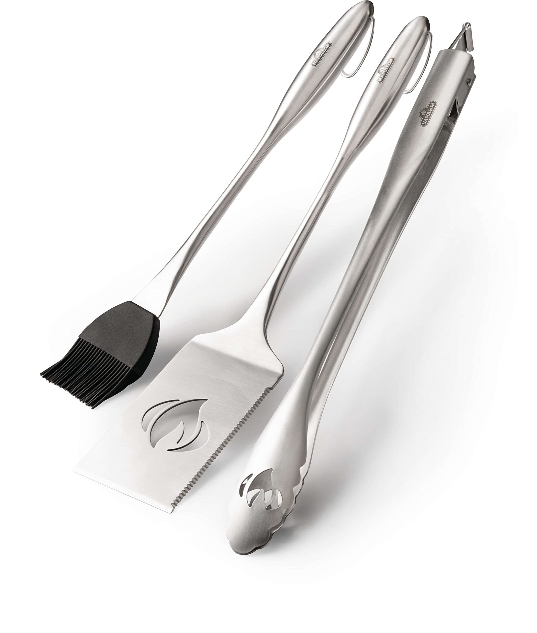 Napoleon PRO Stainless Steel 3 Piece Toolset - Stainless Steel, Ergonomic Handles, Hanging Loops, Includes Tongs, Multifunctional Spatula, Basting Brush