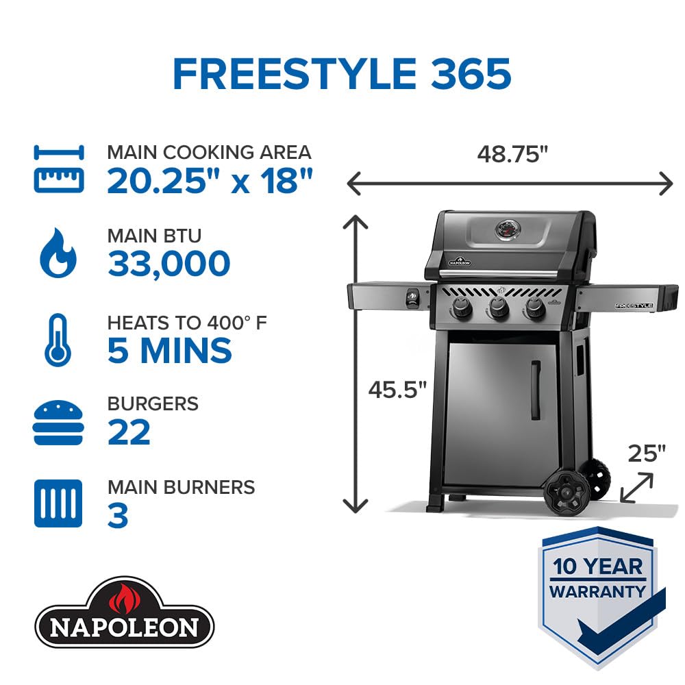 Napoleon Freestyle 365 Propane Gas Outdoor Grill, Graphite Grey – 3-Burner BBQ with Stainless Steel Cooking Grates 5 Napoleon Freestyle 365 Propane Gas Outdoor Grill, Graphite Grey – 3-Burner BBQ with Stainless Steel Cooking Grates
